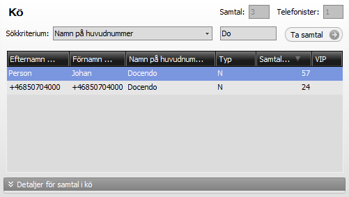 Sökkriterium Om flera huvudnummer är kopplade till samma kö, kan kön innehålla många samtal. Du kan då välja att endast visa de som är till ett specifikt huvudnummer.