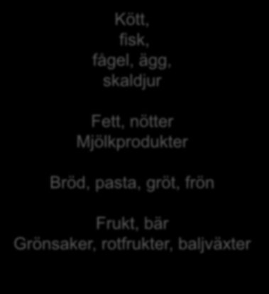 Kolhydratypen Kött, fisk, fågel, ägg, skaldjur Fett, nötter Mjölkprodukter Bröd,