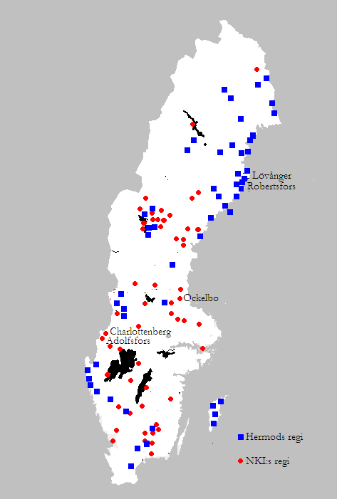 Figur 1. Geografisk spridning av Hermods och NKI:s realskolor 1945 respektive 1944.