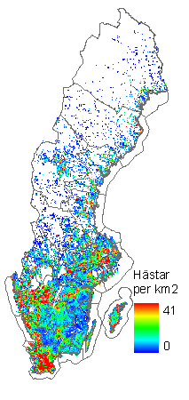 Figur 7. Exempel över fördelningen av antal mjölkkor per km 2 baserat på Jordbruksverkets statistik. Figur 8. Exempel över antal hästar per km 2 baserat på Jordbruksverkets statistik.