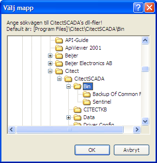 Dialogen "Välj mapp" Om CitectPath - dvs sökvägen till CitectSCADA's dll-filer - inte har angetts i ini-filen