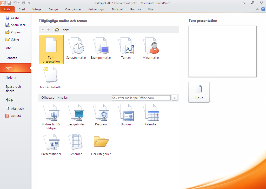 Mallar (Templates) Vill du skapa en professionellt utformad presentation så snabbt som möjligt bör du titta på de färdiga mallar och förslag som finns tillgängliga i PowerPoint.