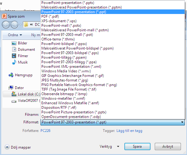 Om den andra använder en äldre version (eller inte använder PowerPoint alls!), väljer du Andra format och markerar aktuellt filformat.