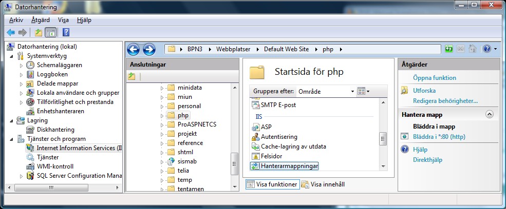 3. Markera mappen php (eller ) och dubbelklicka på Hanterarmappningar 55 (se bild nedan). 4.