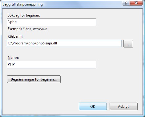 6. Klicka Ja/Yes i informationsrutan (varningsrutan???). 7. Starta IIS, om stoppad. Skapa en fil, som ovan, med t.ex. namnet phpinfo.