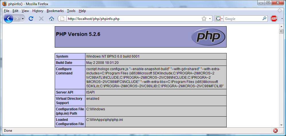 > Testa installationen genom att öppna URL:en http://localhost/php/phpinfo.php (om du sitter på datorn som PHP installerades ersätt annars localhost med datorns namn).