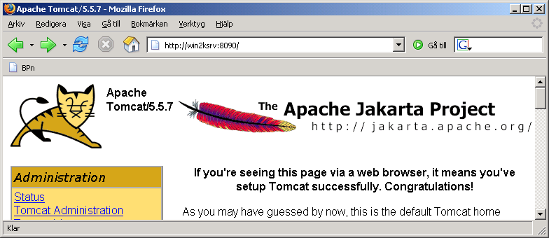 6 Installera Tomcat Tomcat 5 används för att köra servlets och JSP. Innan Tomcat installeras så måste (minst) J2SE JRE (d.v.s. Javas virtuella maskin) vara installerad (d.v.s. JDK:n behövs inte då JSP kompileras med medföljande kompilator i senare versioner av Tomcat).