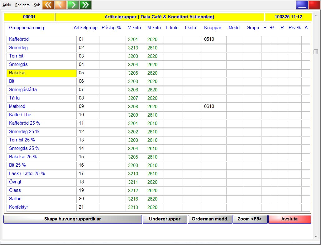 69 Artikelgrupper Före man börjar programmera måste man registrera artikelgrupper och undergrupper som skall användas. Här definierar man artikelgrupper.