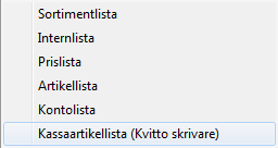 81 15) Listan skrivs ut till A4/skrivaren. Listor som skrivs ut på kvittoskrivaren 1) Välj Utskrift i arkivmenyn.