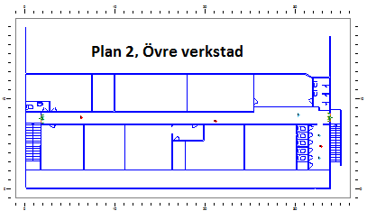 Figur F.2. Ritning över övre verkstad. Personerna har satts att reagera direkt eftersom utrymningslarmet går i hela byggnaden samtidigt.