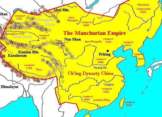 Kinas historia: Qingdynastin 1644-1912 (1 av 2) År 1644 Krig mot år 1912 Manchuerna erövrar makten 1644 Inbördeskrig. Folkmord. Rensningar. mongolerna 1696. Folkmord på mongoler 1756-1758.