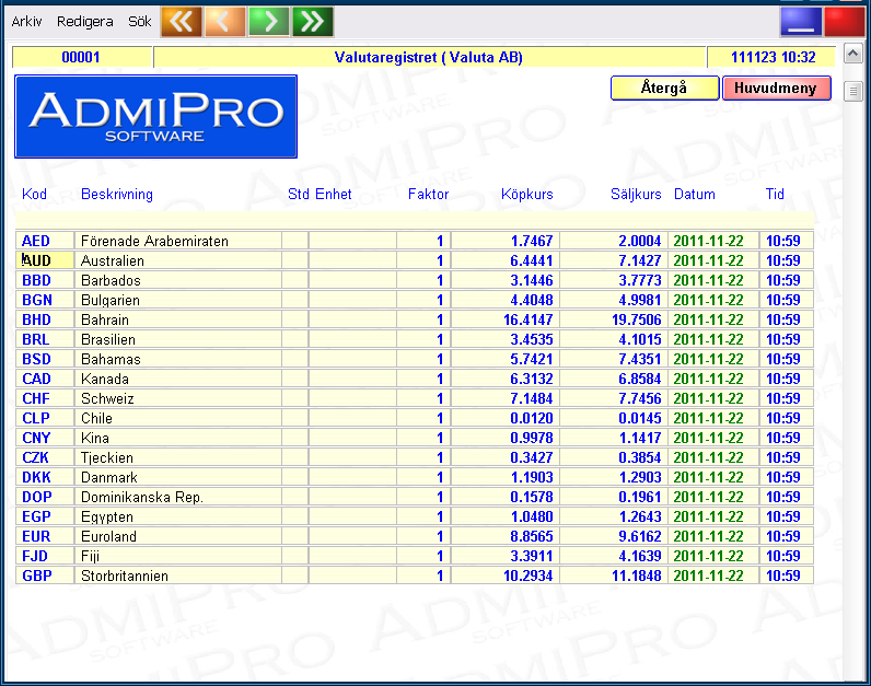 112 Valutahantering I AdmiPro kan man köpa och sälja valuta eller ta betalt i flera valutor.