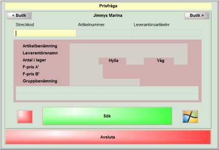 Prisfråga 14 1) Tryck på tangenten Pris. Nytt fönster öppnas. 2) Skriv in artikelnummer eller leverantörsartikelnummer och tryck på Enter.