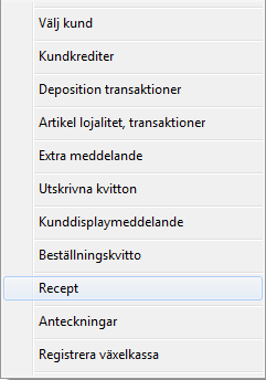 Visa artikelingredienser 23 1) Markera rad. 2) Välj Recept i funktionsmenyn: eller tryck på tangenten Recept. Innehål l BMP bild Beställningskvitto Kvitto för artiklar som saknas i lager skrivs ut.