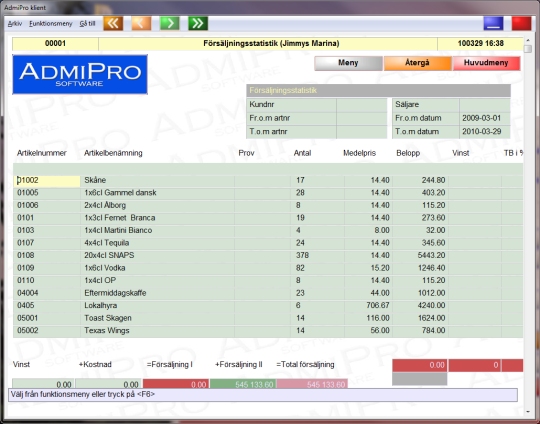 51 Försäljningsstatistik (Huvudmeny, Kund) Försäljningsstatistiken skapar rapporter över en period. Perioden bestäms av från och med datum och till och med datum.