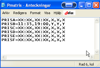 1) Hämta en artikelgrupp eller alla artiklar via funktionsmenyn: 66 2) Registrera priserna i kolumn B, C, D, E och F. 3) Definiera egna rubriker i filen C:\APDN\PNAMN. TXT, en rubrik per rad.