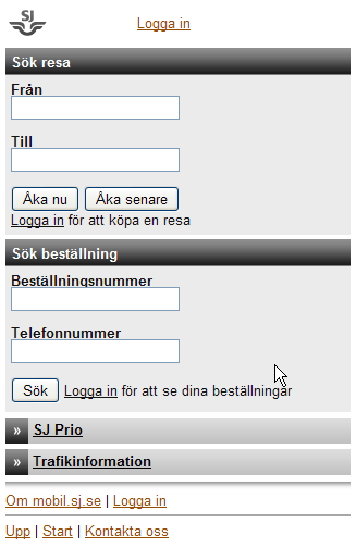 Bilaga 2: Att söka en resa via mobil.sj.se SJ:s mobilanpassade hemsida på internet mobil.sj.se Det första som är man noterar är att om man via sin mobil går till www.sj.se så blir man inte omdirigerade till mobil.