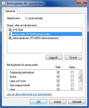 Grundläggande användning 6 Välj den inmatade användaren, välj behörigheterna Ändra och Läsa och klicka på OK. I Windows XP går du till steg 8. OBS! "Alla" ger alla i nätverket behörighet att dela.