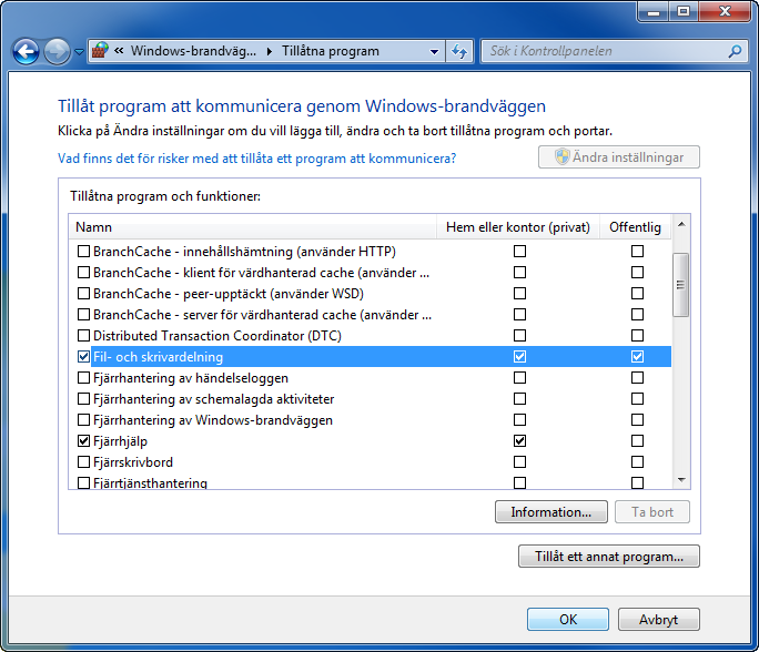 Grundläggande användning Konfigurera Windows-brandväggen (för Windows 7) Tillåt fil- och skrivardelning och ställ in porten som används för SMB-överföring. OBS! Logga in på Windows som administratör.