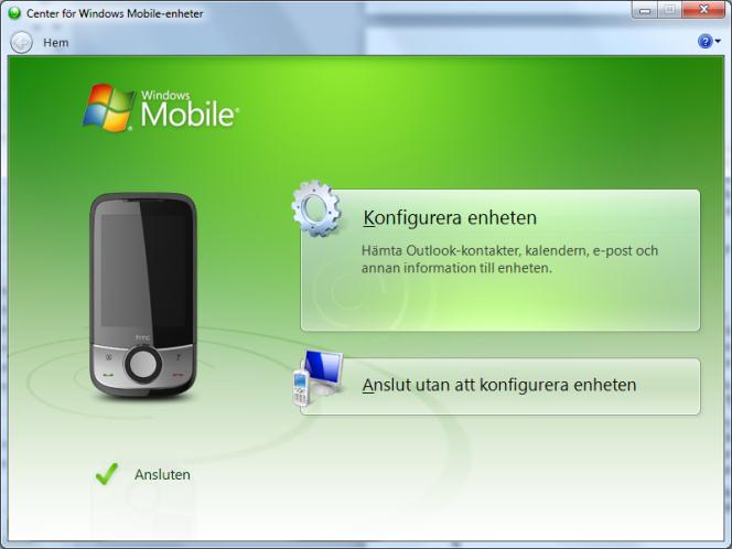 uppkopplad till Internet) Om det inte fungerar kan man hämta programmet Windows Mobile Device Center på följande länk: http://www.microsoft.com/windowsphone/enus/howto/wp6/sync/installing-wmdc.aspx 7.