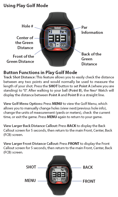 Avända Play Golf mode. Hål nummer Par information Avstånd till mitten av green Avstånd till framkant av green Avstånd till bakkant av green Knappfunktioner i Play Golf mode.