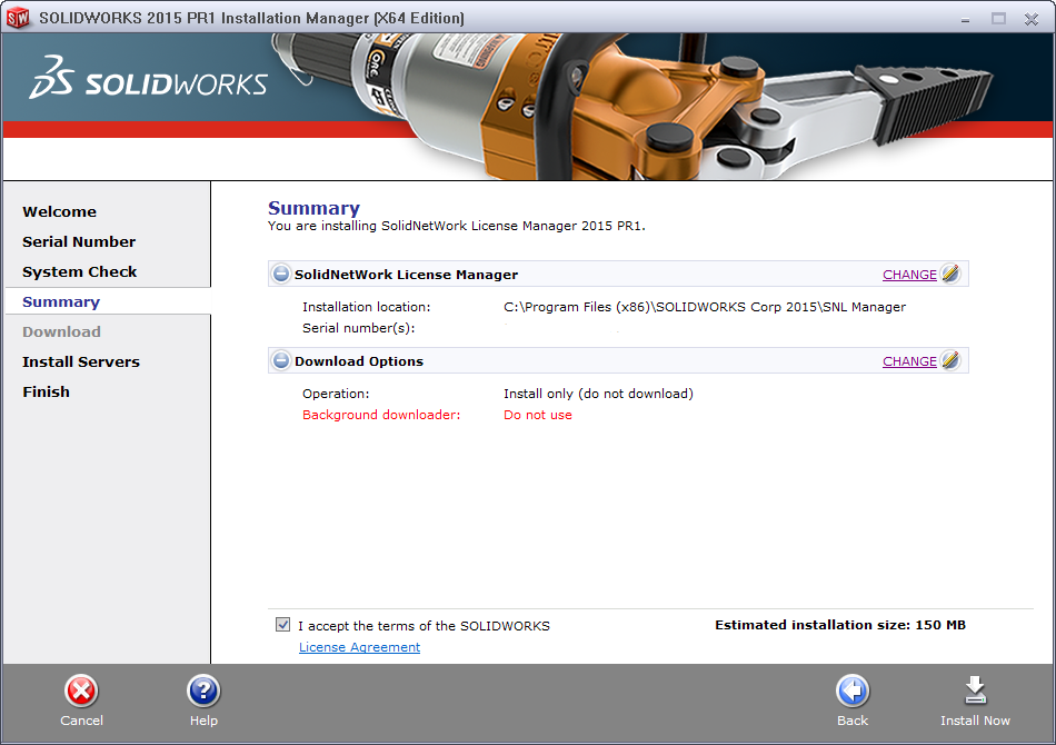 DEL 2: Installation av flytande licenser Steg 3 Serienummer och sökväg Klicka på Change för SolidNetWork license Manager och fyll i ditt serienummer för flytande SolidWorks om det skulle saknas.