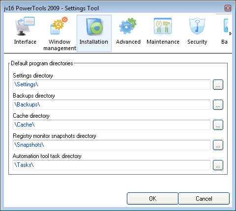 Installation Image 5. The Installation section allows you to redefine the program directories Installation sektionen innehåller information om vilka kataloger jv16 PowerTools borde användas.