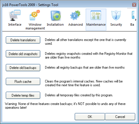 Underhåll Image 7. The Maintenance section contains tools which help you to maintain jv16 PowerTools itself Maintenance sektionen tillåter dig att utföra de följande underhållningsuppgifter.