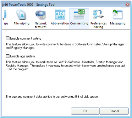 Kommentar Image 13. Age and Comment system settings Kommentarsystemet tillåter dig att skriva kommentar på objekt som finns i Software Uninstaller, Startup Manager och Registry Manager.