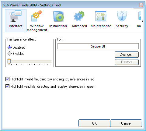 Interface Image 3. The Interface section defines how jv16 PowerTools looks Interface sektionen tillåter dig att ändra sättet jv16 PowerTools 2009 ser ut på.
