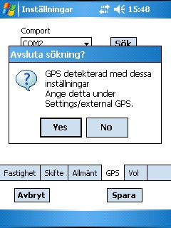 Se till så att inget annat GPS program är igång samtidigt, då blockeras sökningen. Klicka sedan OK Sök ningen utförs. Detta k an ta ett tag.