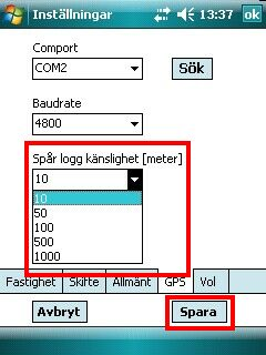 Spår logg, anger hur ofta spårfunktionen skall logga. Exempelvis var tionde meter.