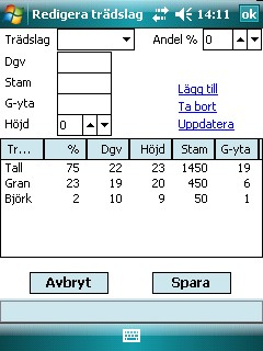 Redigering av trädslag För inmatning och redigering av trädslag, klicka på fliken Trädslag. Följande sida visas. Genom att klicka på visas länken Redigera trädslag.