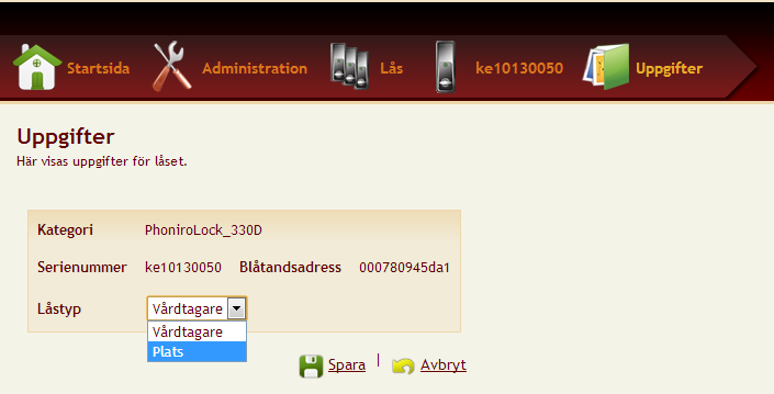 beskrivning, men istället för att välja vårdtagare som låset ska kopplas till så väljs platsen där låset sitter. Därefter måste man ange vilka vårdtagare som hör till den plats där låset är placerat.