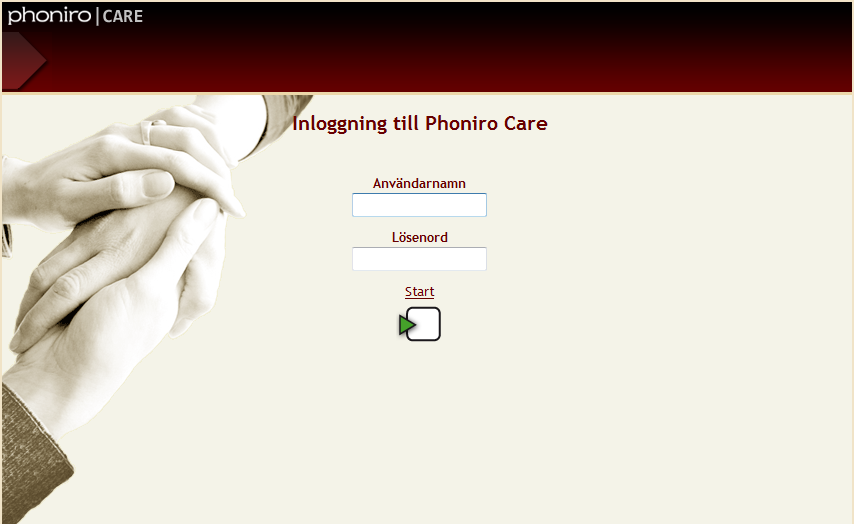 2.3 Inloggning i webbgränssnittet För att personal skall kunna logga in i Phoniro Care måste de vara registrerade som personal med användarnamn och lösenord.