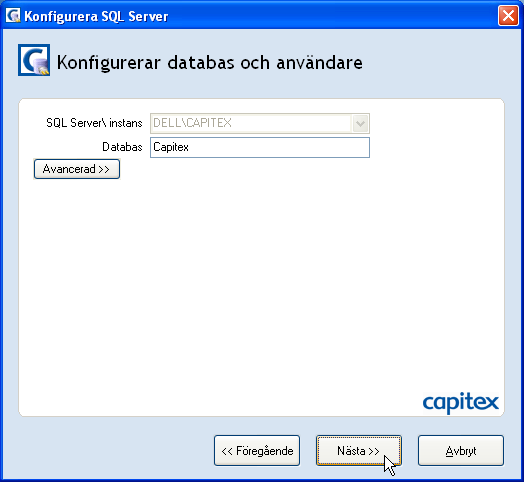 Steg 9 Det är nu dags för namngivning av den databas som ska användas. Installationsprogrammet föreslår Capitex som databasnamn.