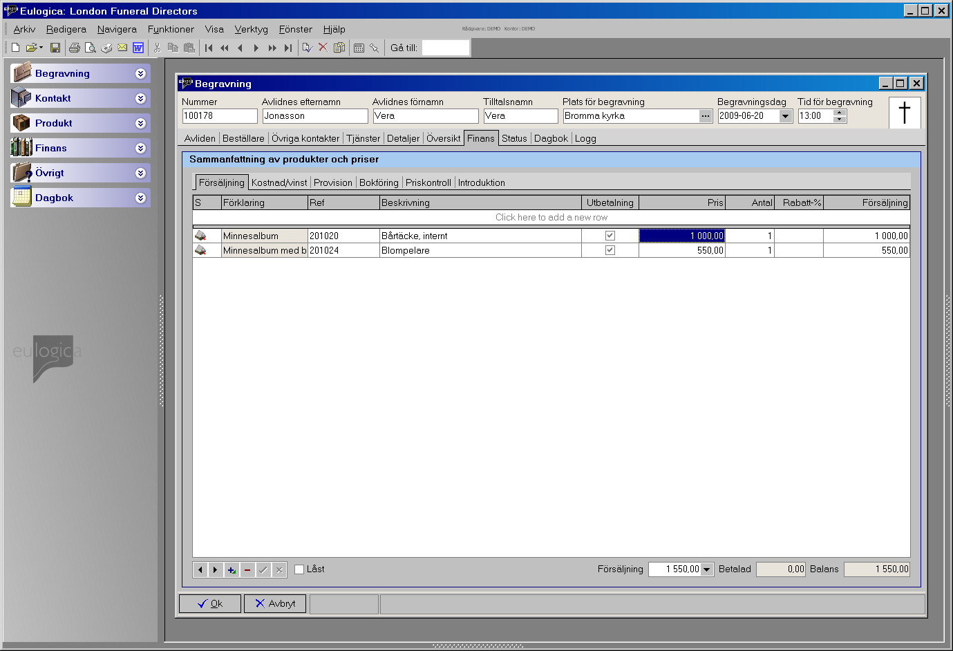 H.1.8 Finanssidan Finanssidan visar en översikt över alla produkter och priser för en begravning. När man skriver in detaljerna och priser för de olika tjänsterna skapas den här sidan.
