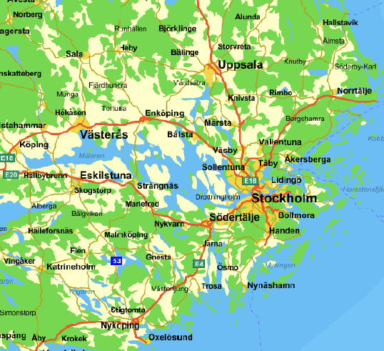 Figur 1: Lokaliseringen av de tre forskningsanläggningarna, var och en med fyra filterbrunnar och automatiserad provtagning. Lagga vid Uppsala, Rimbo samt Väringe utanför Nyköping.