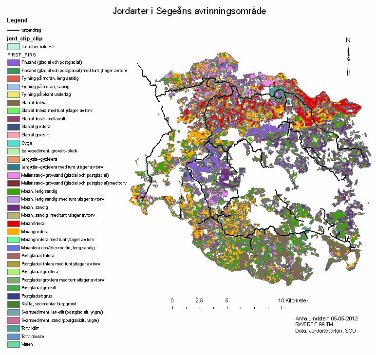 Figur 11. Kartan visar jordarterna över Segeåns avrinningsområde.