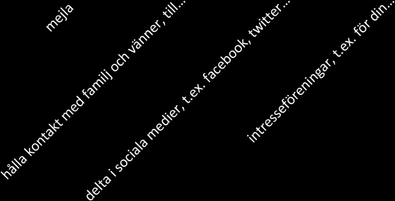 fildelning, sköta bankaffärer, söka produktinformation, köpa/betala varor och tjänster e-handla, söka information om hälsa, tillgänglighet, funktionshinder, resmål och personlig assistans är