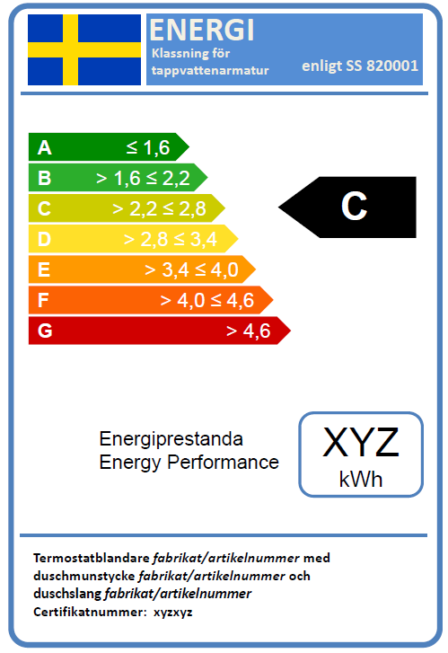 Sida 14 Energiklassningsmärke för köks- och tvättställsarmatur ska ha innehåll och utseende