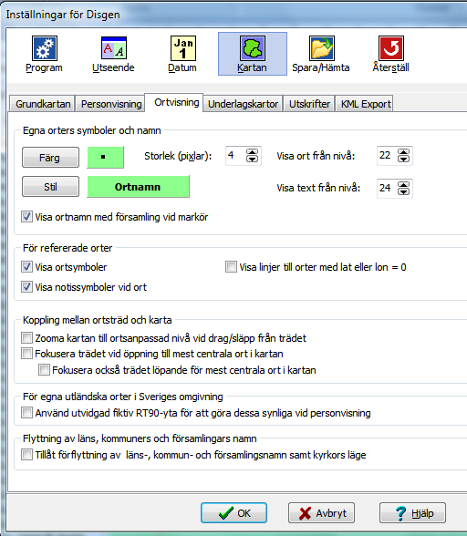 Kartfunktionen i Disgen 8.2d, Grundkurs 11 Klicka på fliken Ortvisning. Bocka i dessa tre fyrkanter. Nästa två flikar lämnar du också orörda. Du kan senare gå tillbaka för att ändra dem.