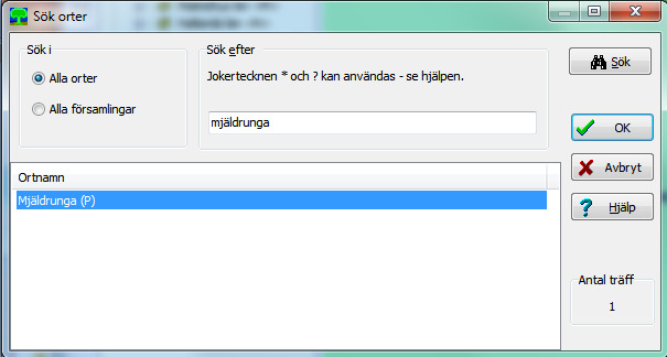 Som resultat får du de orter som innehåller namnet Mjäldrunga. Markera församlingen Mjäldrunga (P) och tryck på OK. Nu kommer Mjäldrunga att visas i ortsträdet.