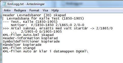 kmz är klar i datamappen DgKml och att en loggfil KmlLogg.txt är skapad. Dessutom en fråga om du vill visa filen i Google Earth.