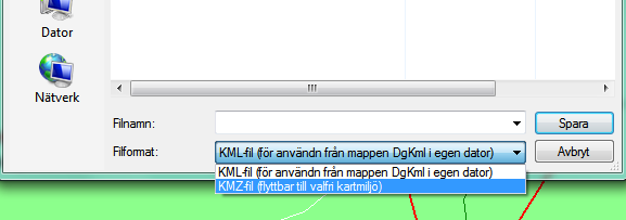 Export av KML-fil som KMZ till annan dator Om du vill exportera en KML-fil till någon släkting, måste du använda filformatet KMZ När du skall ange