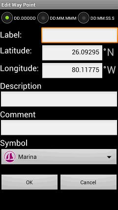 Tryck "Meny-> Waypoints" att hantera waypoints (Spara, Öppna, Lägg, lista, Radera, Redigera waypoints).