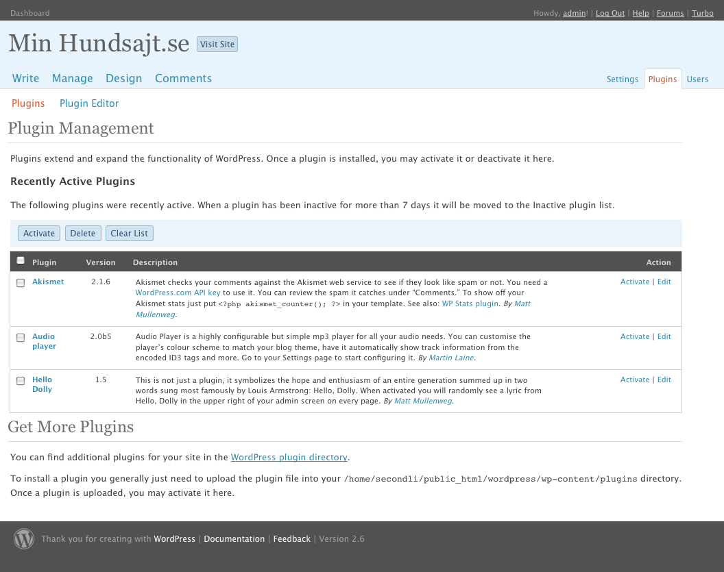Utvidga Wordpress med insticksmoduler klicka på Plugins högst upp till höger i administrationsgränssnittet.