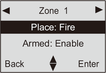 Fig 1: Gå in i menyn Zone Fig 2: Välj Place (Plats) Fig 3: Tryck <Enter> för att växla Med denna inställning skickas: 1wireless zone fire alarm som SMS-meddelande.