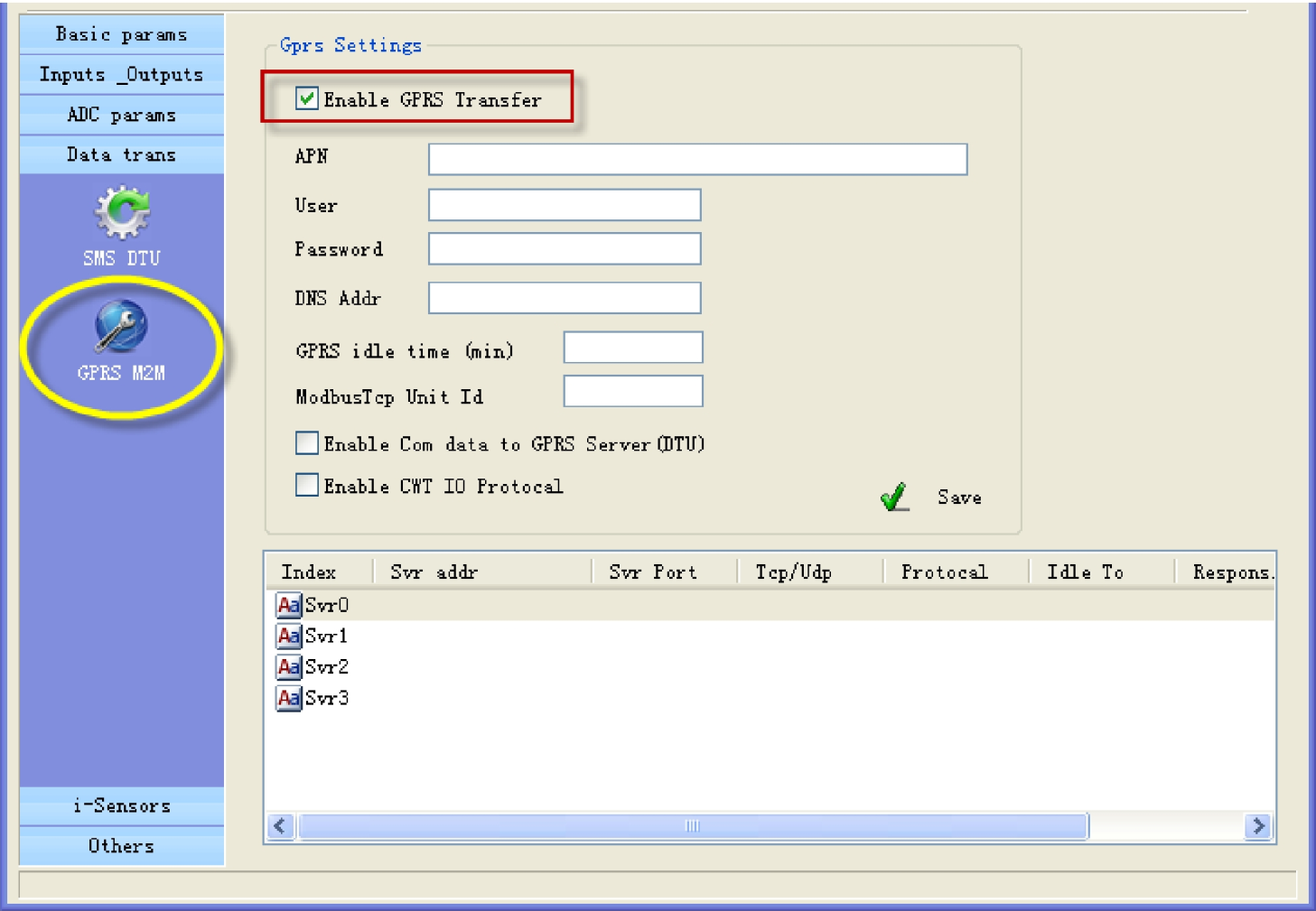 4.5 GPRS parametrar 4.5.1 GPRS parametrar På denna sida kan du ställa in GPRS parametrar Vid behov konsultera GSM-administratör för att fylla i "APN, användarnamn, lösenord, DNS-adr" GPRS idle time.