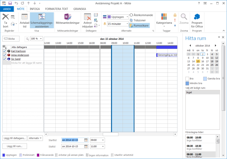 Boka ett möte Schemaläggningsassistenten 1. I visningsläget Schemaläggning kan du kontrollera om dina mötesdeltagare redan är bokade den önskade tiden. 2. Mötestiden visas i blått 3.